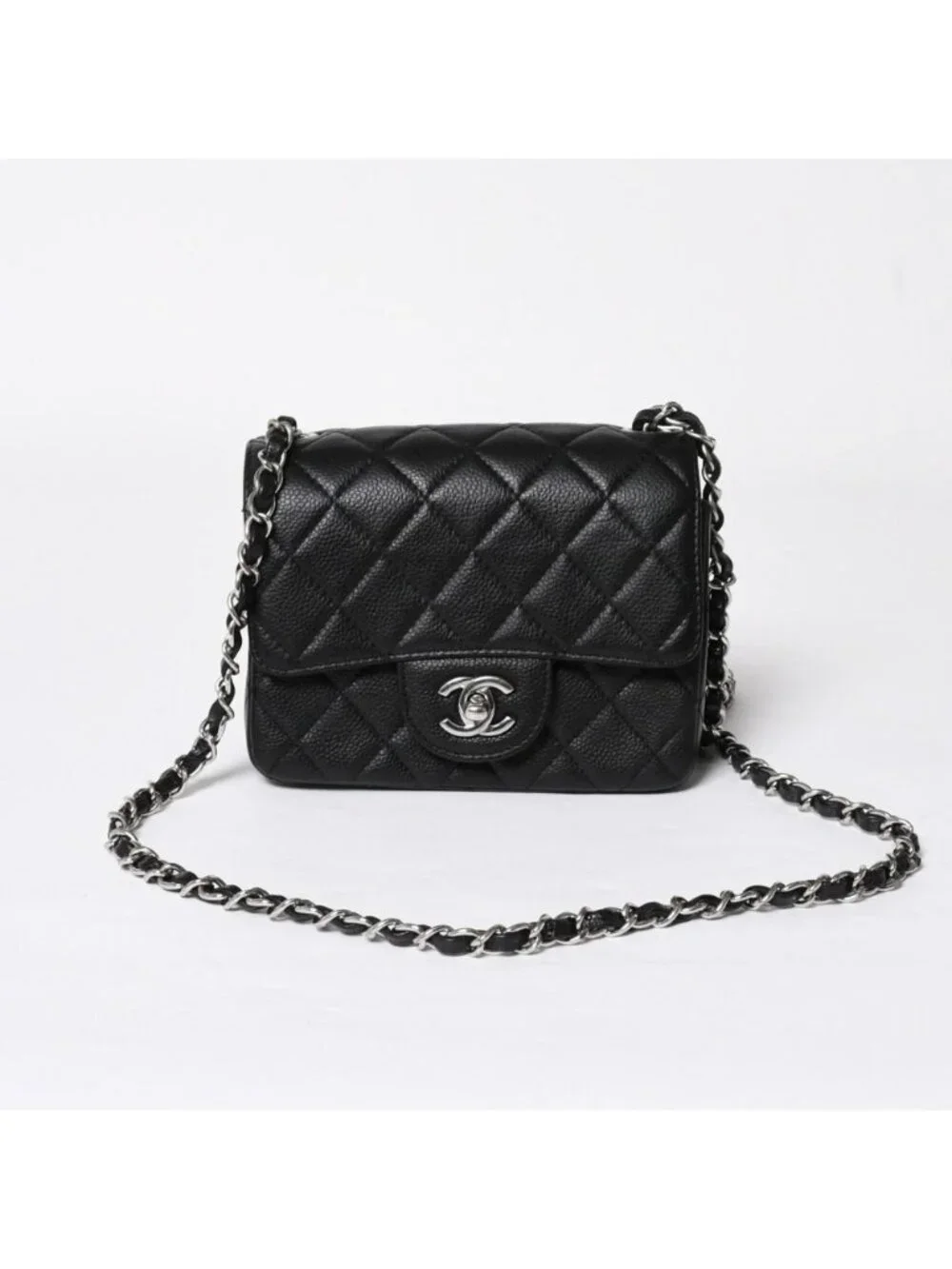 Chanel Mini Quilted Chain Shoulder Bag 17 Caviar Leather Black Silver